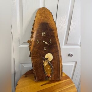 MCM wood slab with painted owl clock signed JO 1979